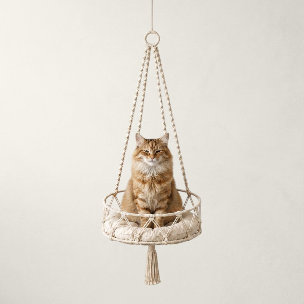 Hamac suspendu Bofélin en macramé écru avec un chat roux assis confortablement à l'intérieur