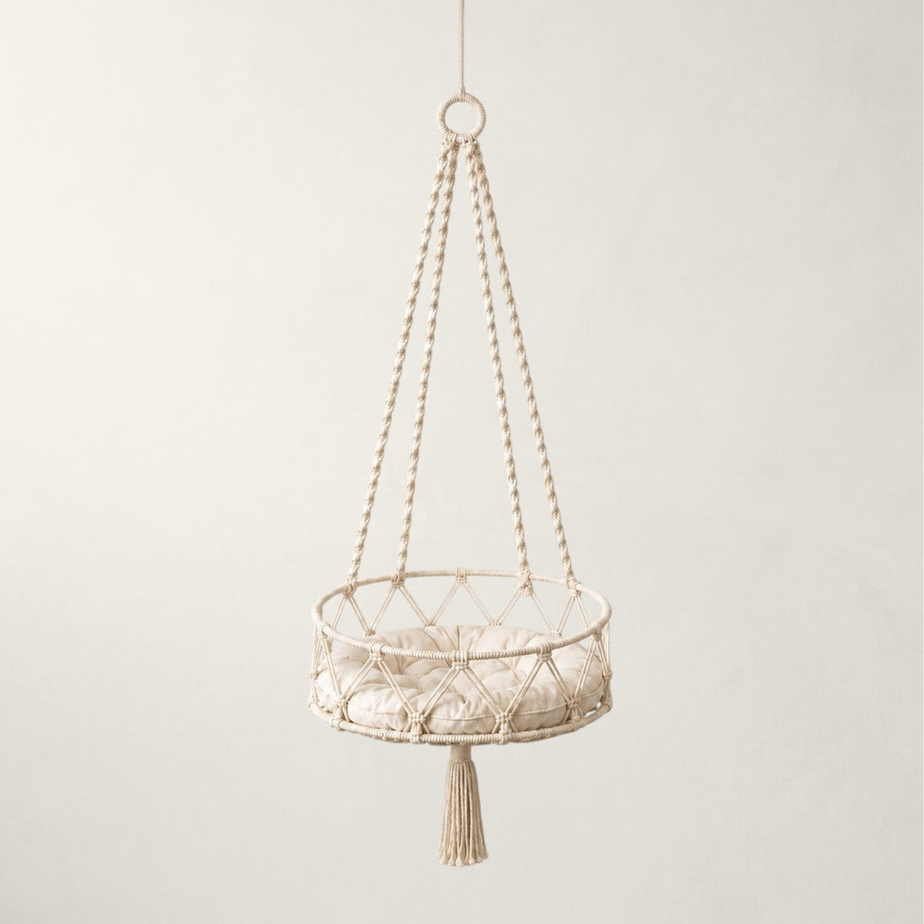 Hamac suspendu pour chat Bofélin en corde de coton tressée style macramé bohème couleur écru avec franges