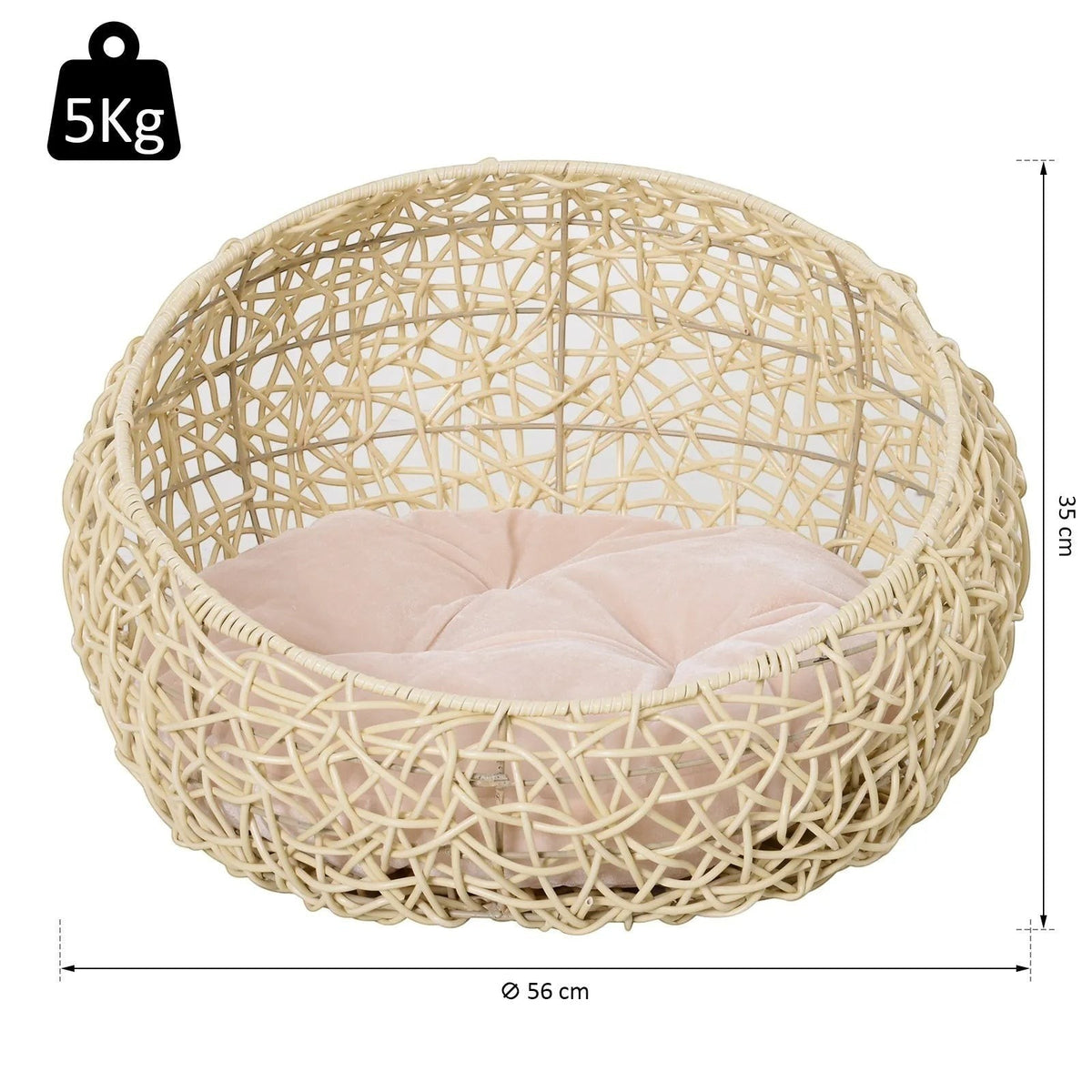 Lit niche pour chat Bofélin rond en rotin synthétique beige avec coussin doux et pieds tripodes