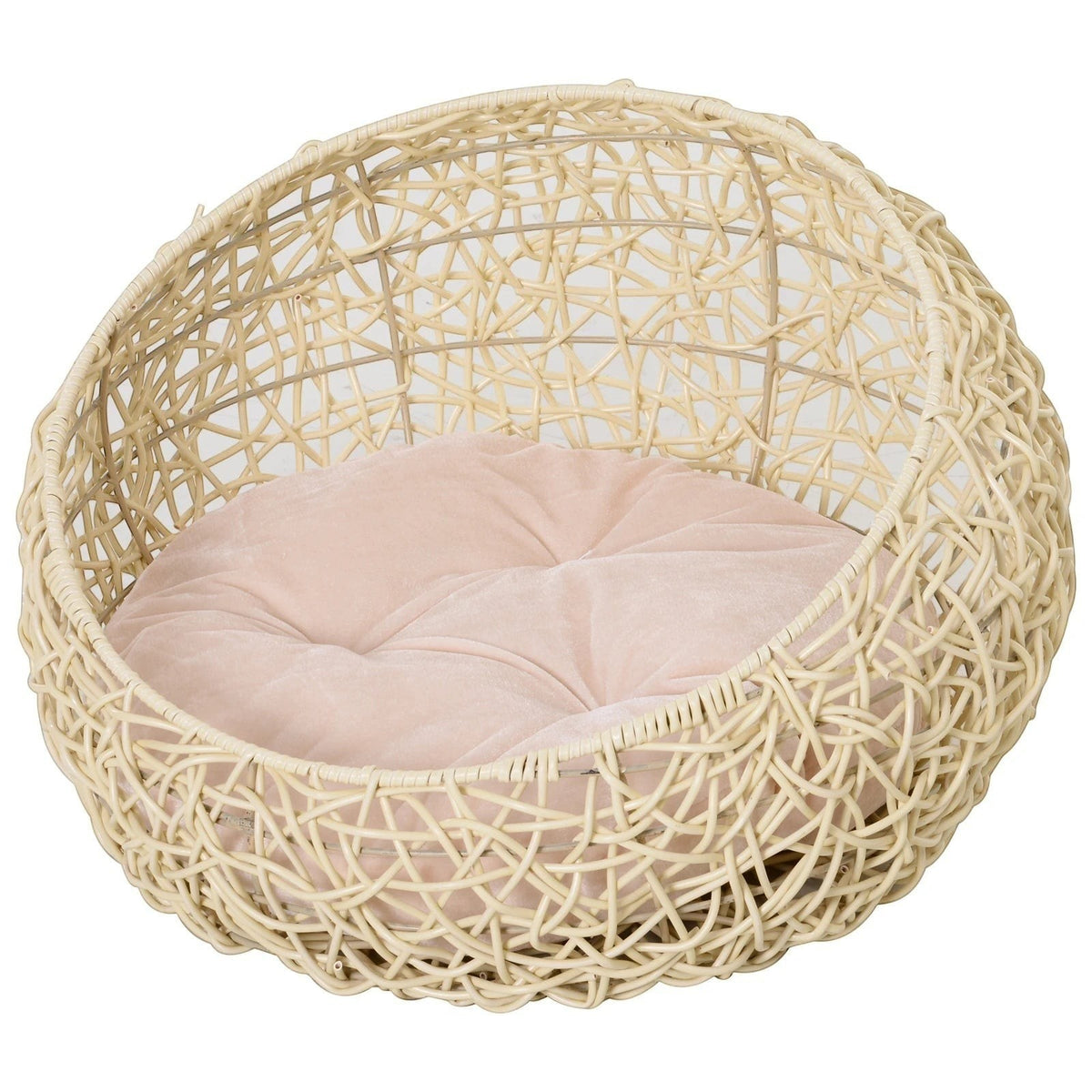 Lit niche pour chat Bofélin rond en rotin synthétique beige avec coussin doux et confortable