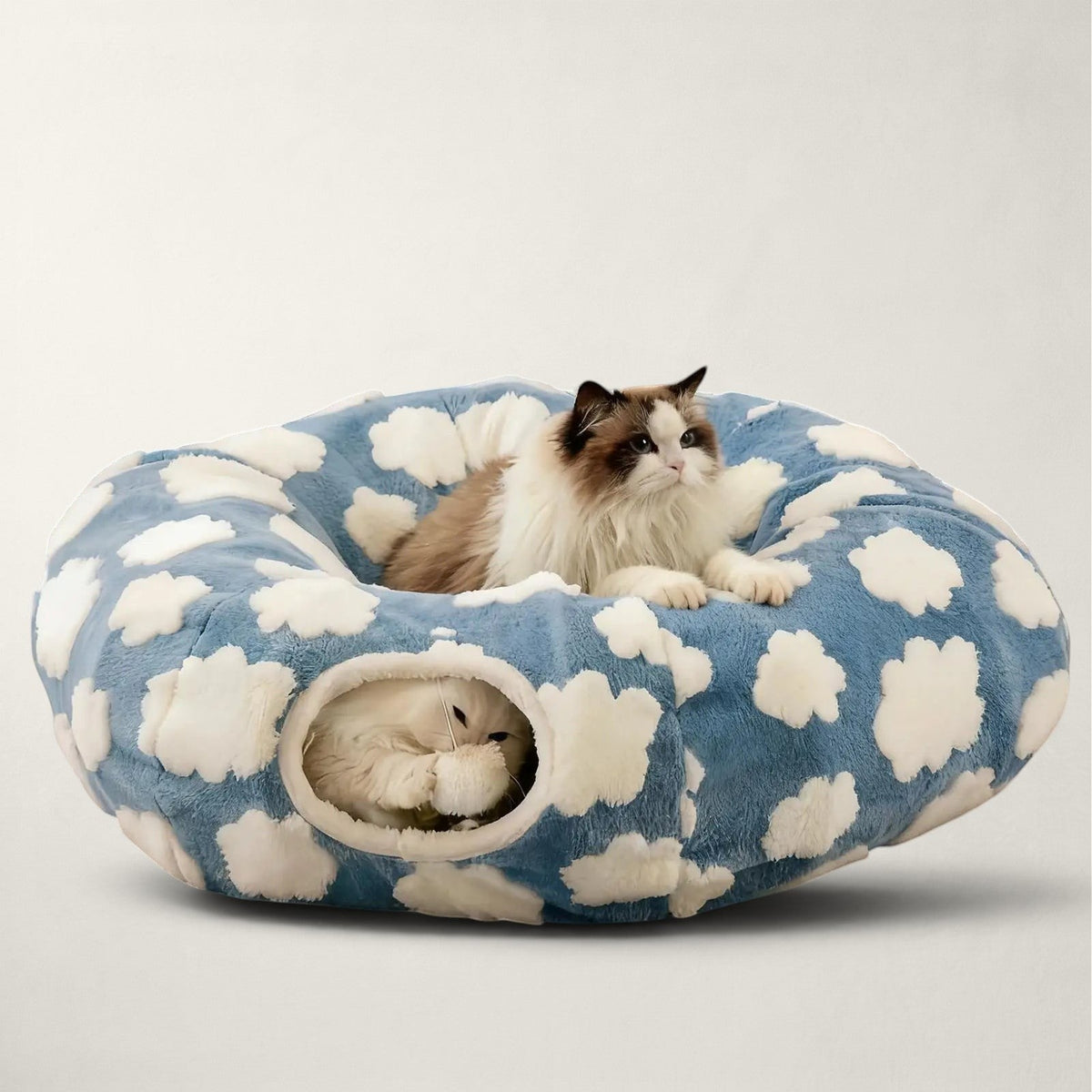 Lit tunnel Bofélin 2 en 1 bleu à motifs nuages en velours doux avec un chat posé dessus et un autre à l'intérieur
