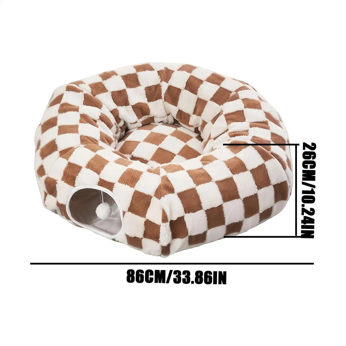 Lit tunnel Bofélin 2 en 1 pour chat en velours doux motif damier marron et blanc avec coussin et balle suspendue