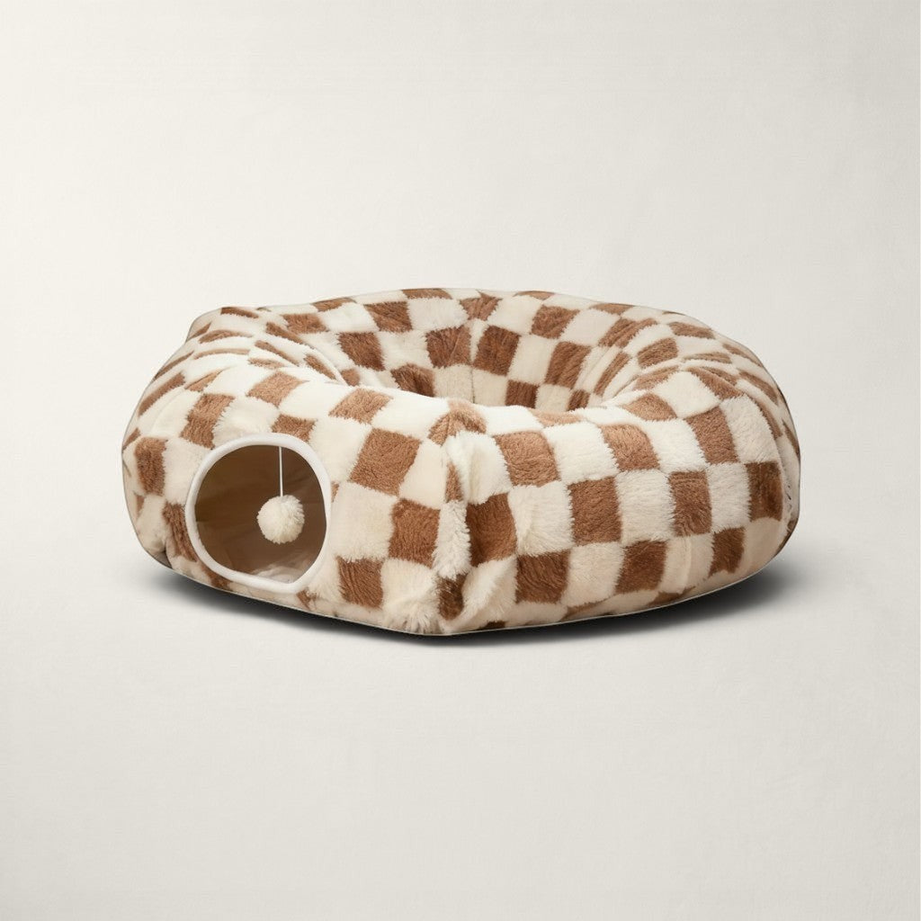 Lit tunnel Bofélin 2 en 1 pour chat en velours doux motif damier marron et blanc avec balle suspendue