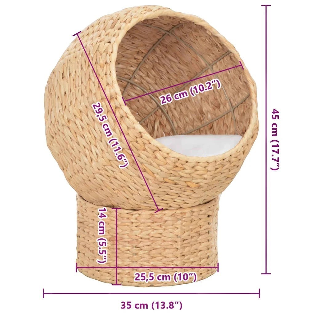 Niche boule Bofélin en herbier marin tressé naturel avec coussin amovible pour chat, vue avec dimensions techniques.