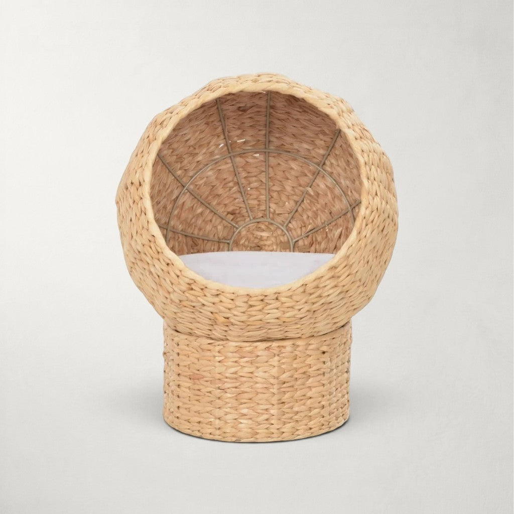 Niche boule pour chat Bofélin en herbier marin tressé naturel avec coussin amovible confortable