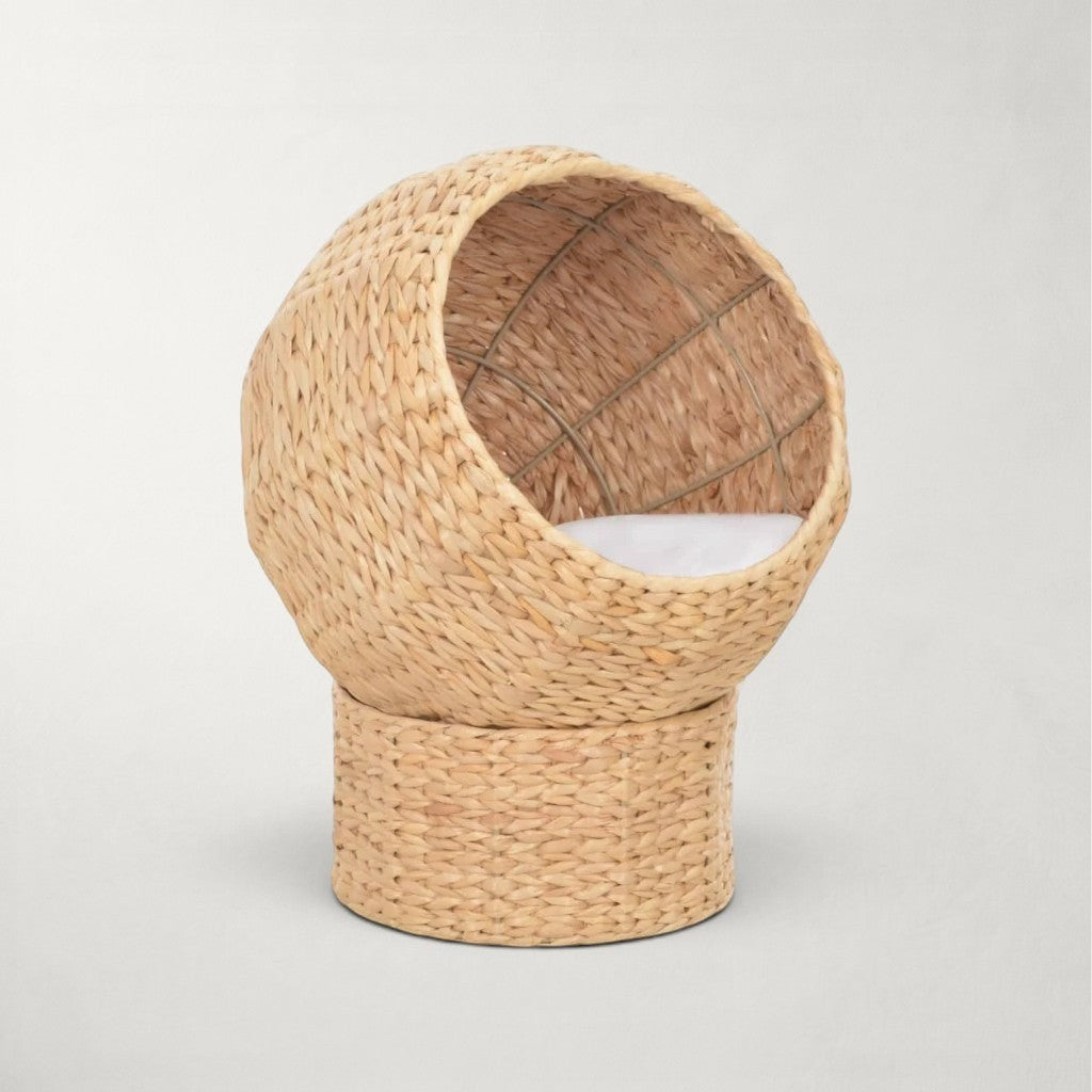 Niche boule pour chat Bofélin en herbier marin tressé naturel avec coussin amovible sur base ronde