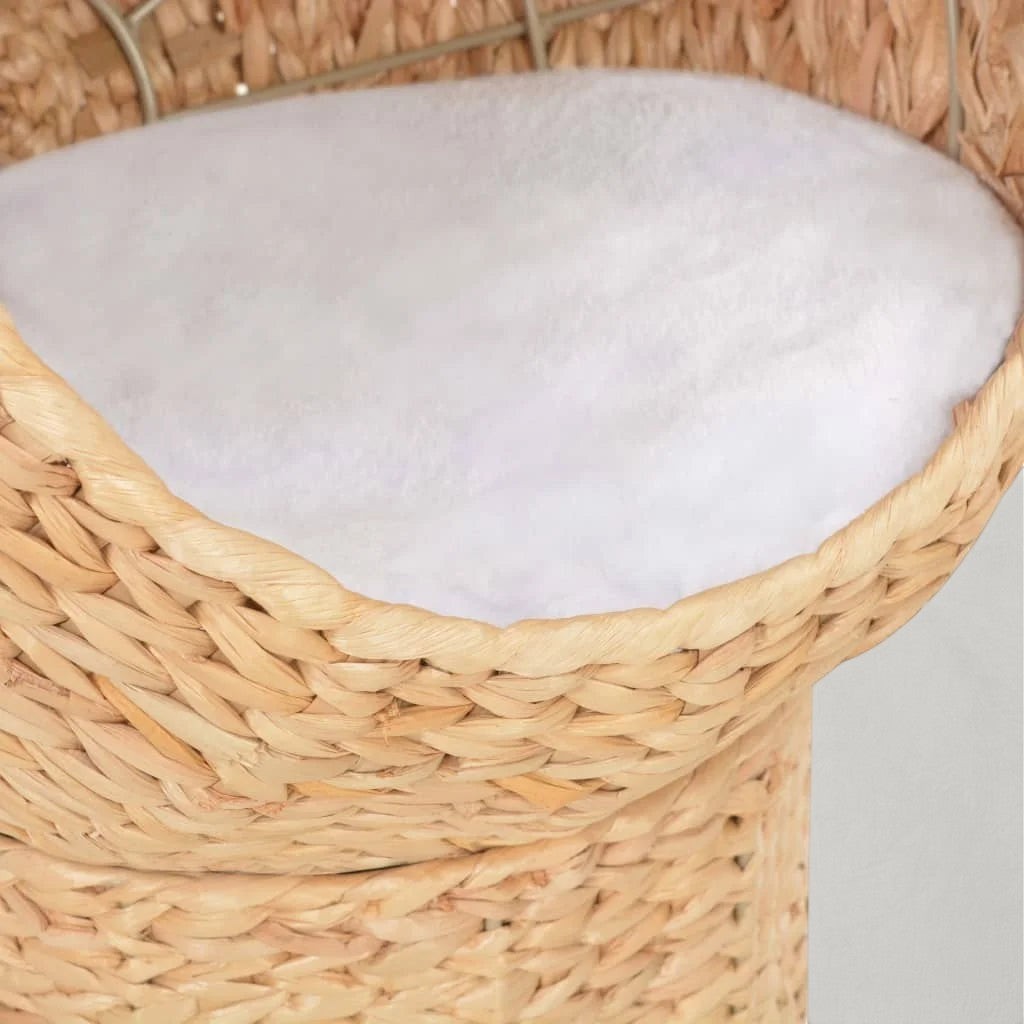 Niche boule Bofélin en herbier marin tressé naturel avec coussin blanc amovible pour chat