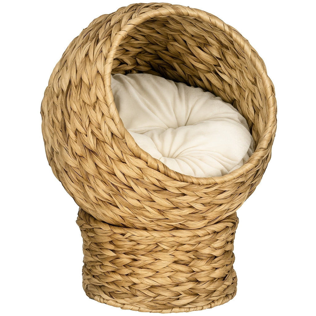 Niche bulle Bofélin en jacinthe d'eau tressée avec coussin crème confortable pour chat