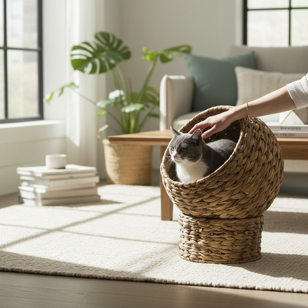 Niche bulle Bofélin en jacinthe d'eau tressée avec coussin crème pour chat dans un salon lumineux