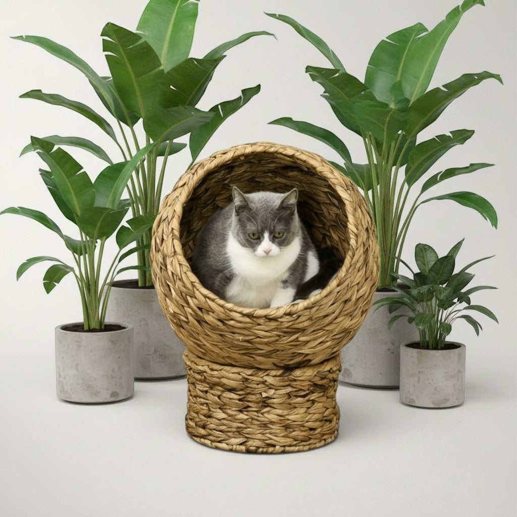 Niche bulle Bofélin en jacinthe d'eau tressée avec coussin crème, occupée par un chat gris et blanc.
