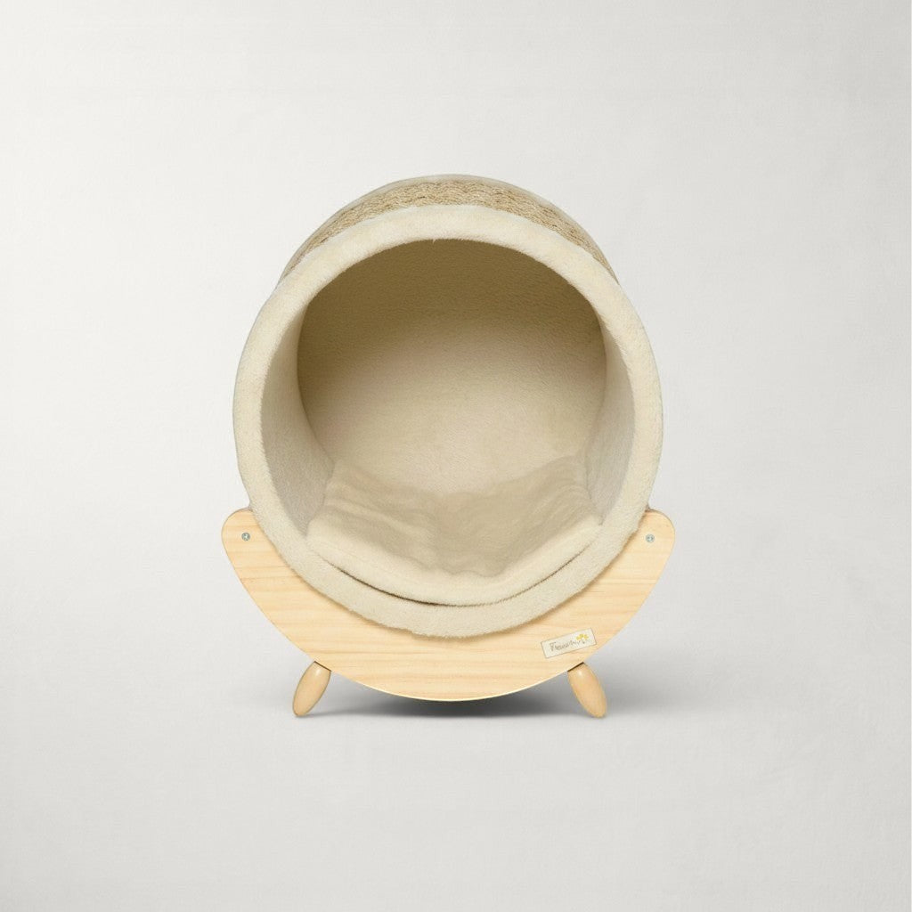 Niche pour chat Bofélin en forme de tambour, bois de pin, corde d'algue et intérieur en fausse fourrure beige