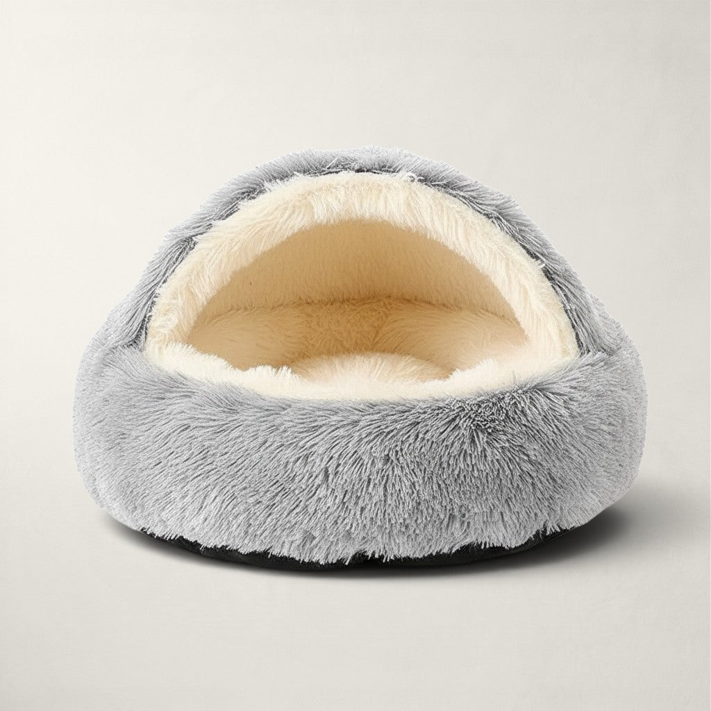 Niche chaude Bofélin pour chat en fausse fourrure grise avec intérieur beige, forme grotte 2 en 1
