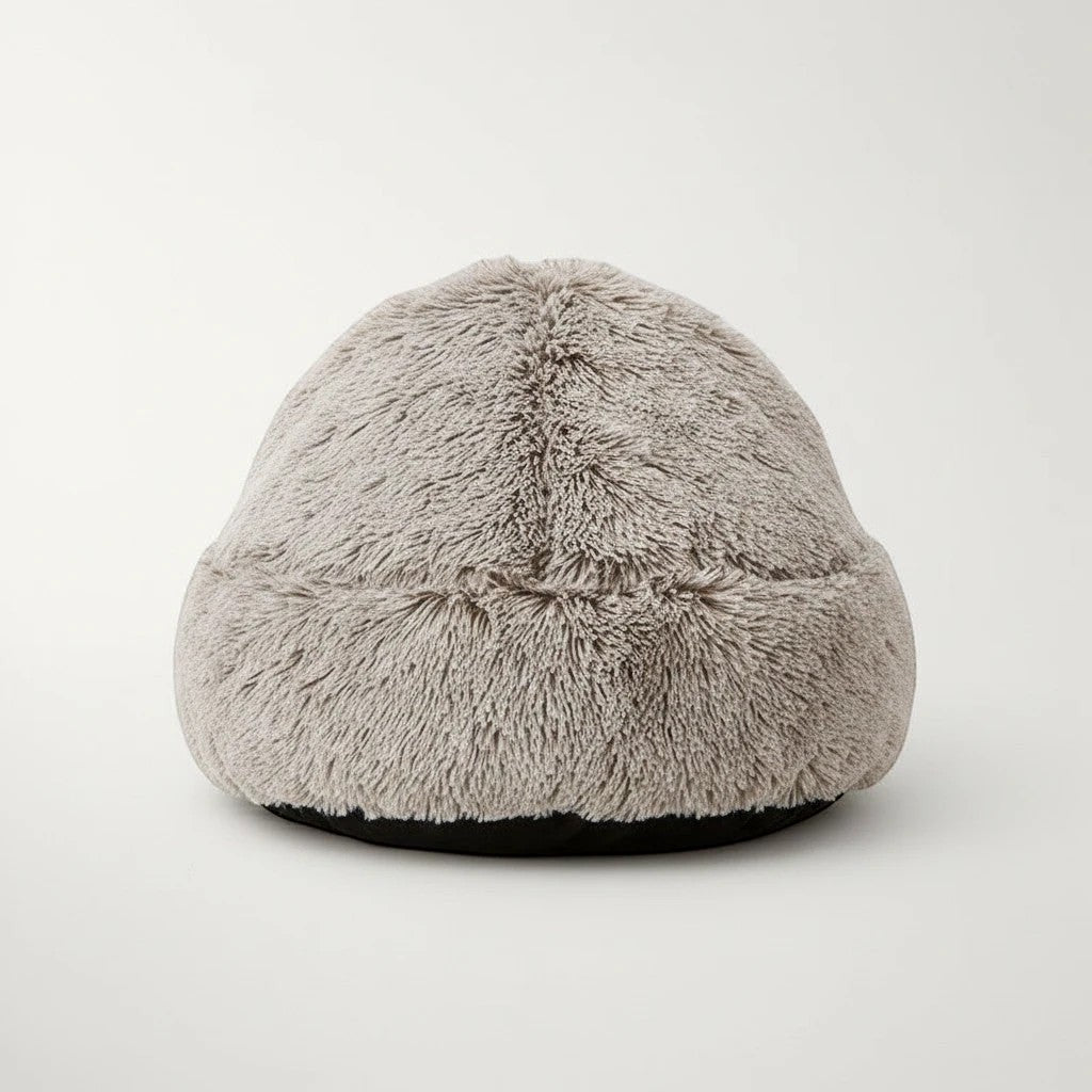 Niche chaude pour chat Bofélin en fausse fourrure grise, forme grotte 2 en 1 confortable et lavable