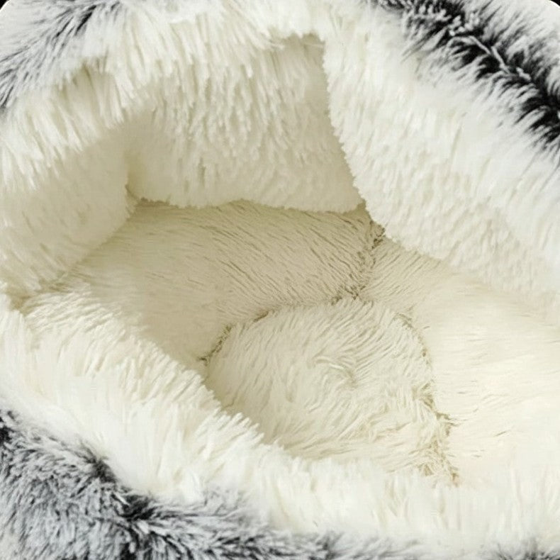 Niche chaude pour chat Bofélin en fausse fourrure douce et moelleuse, design 2 en 1 gris et blanc
