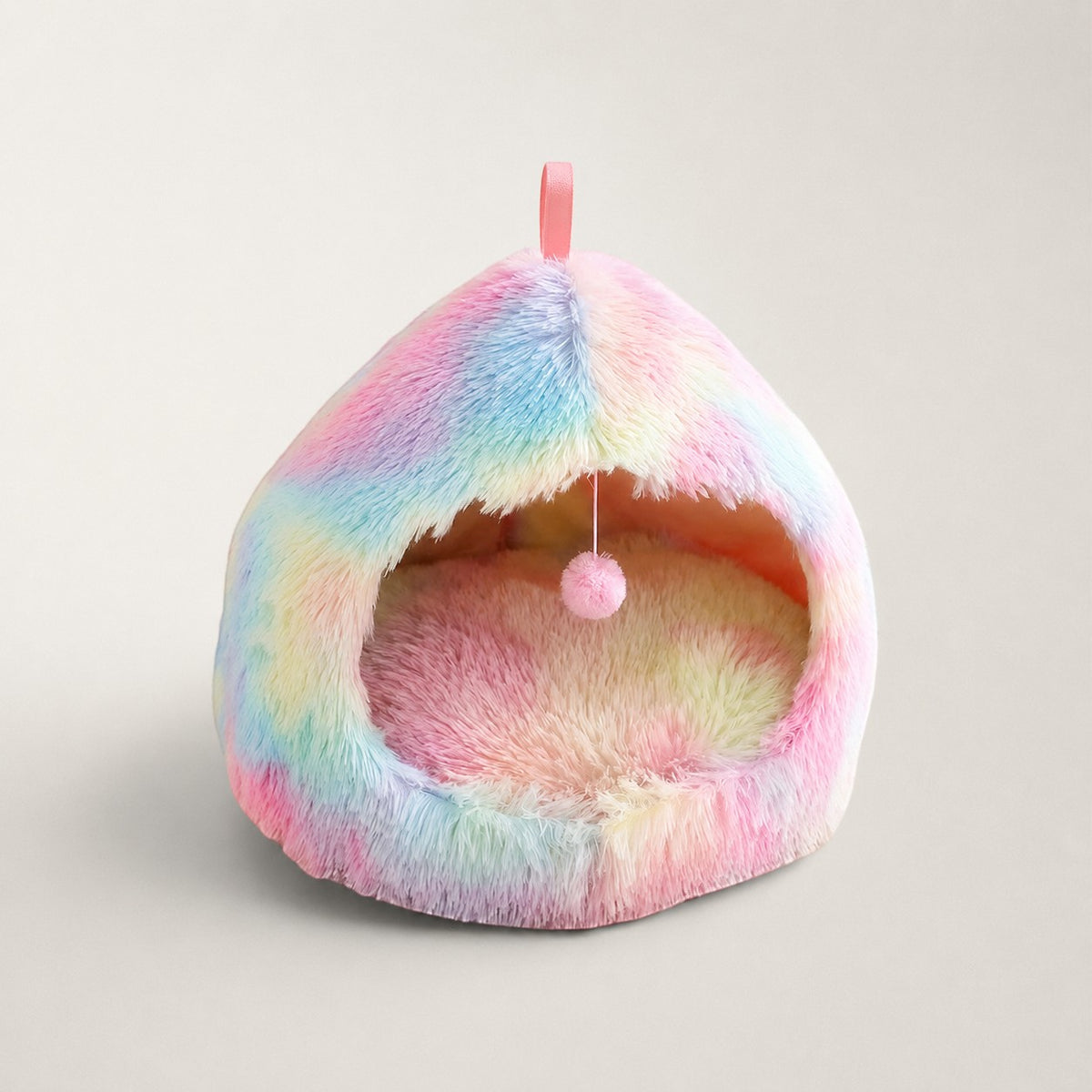 Niche Bofélin pour chat en fausse fourrure douce multicolore avec forme de hutte et pompon suspendu