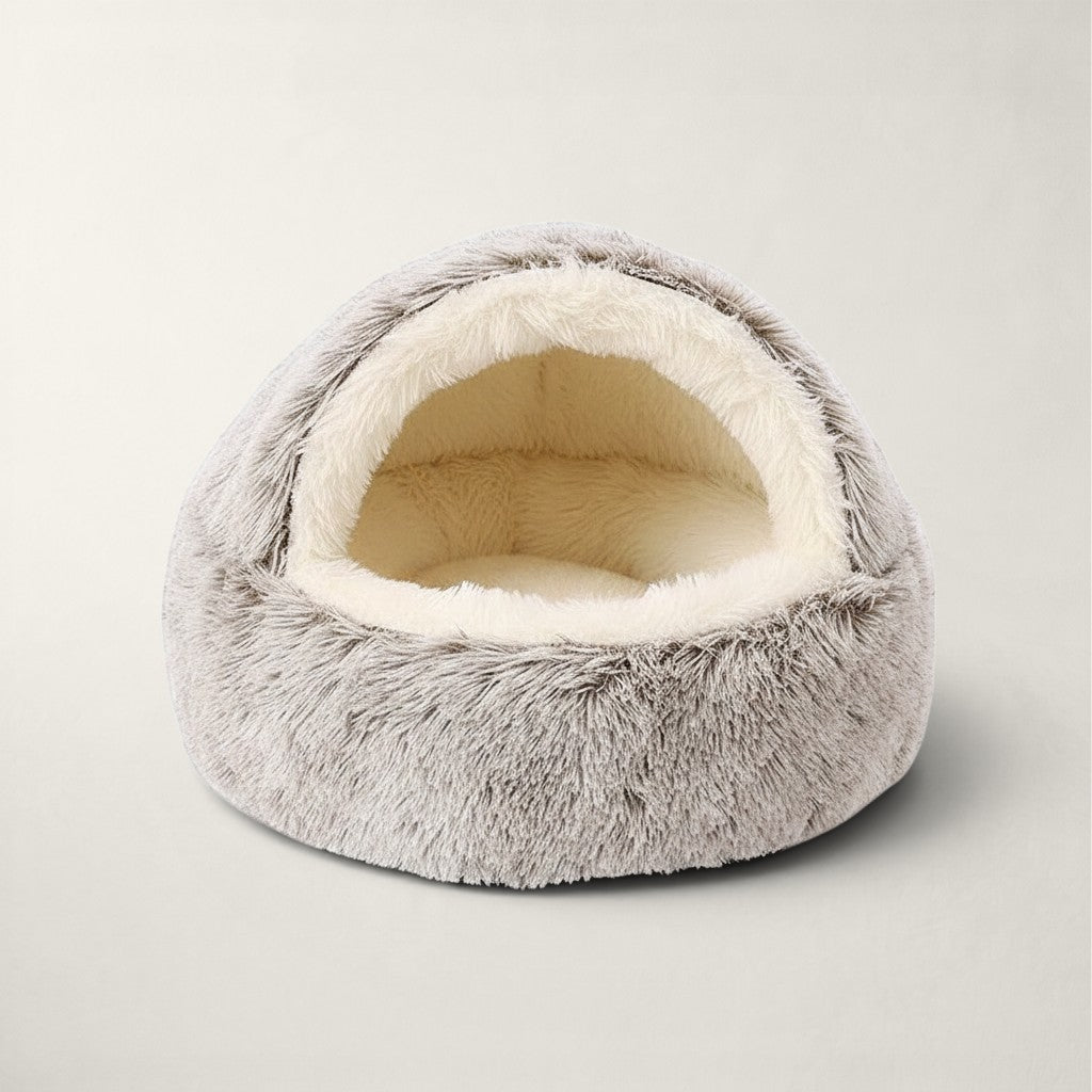 Niche chaude pour chat Bofélin grise en fausse fourrure douce avec forme grotte 2 en 1 confortable