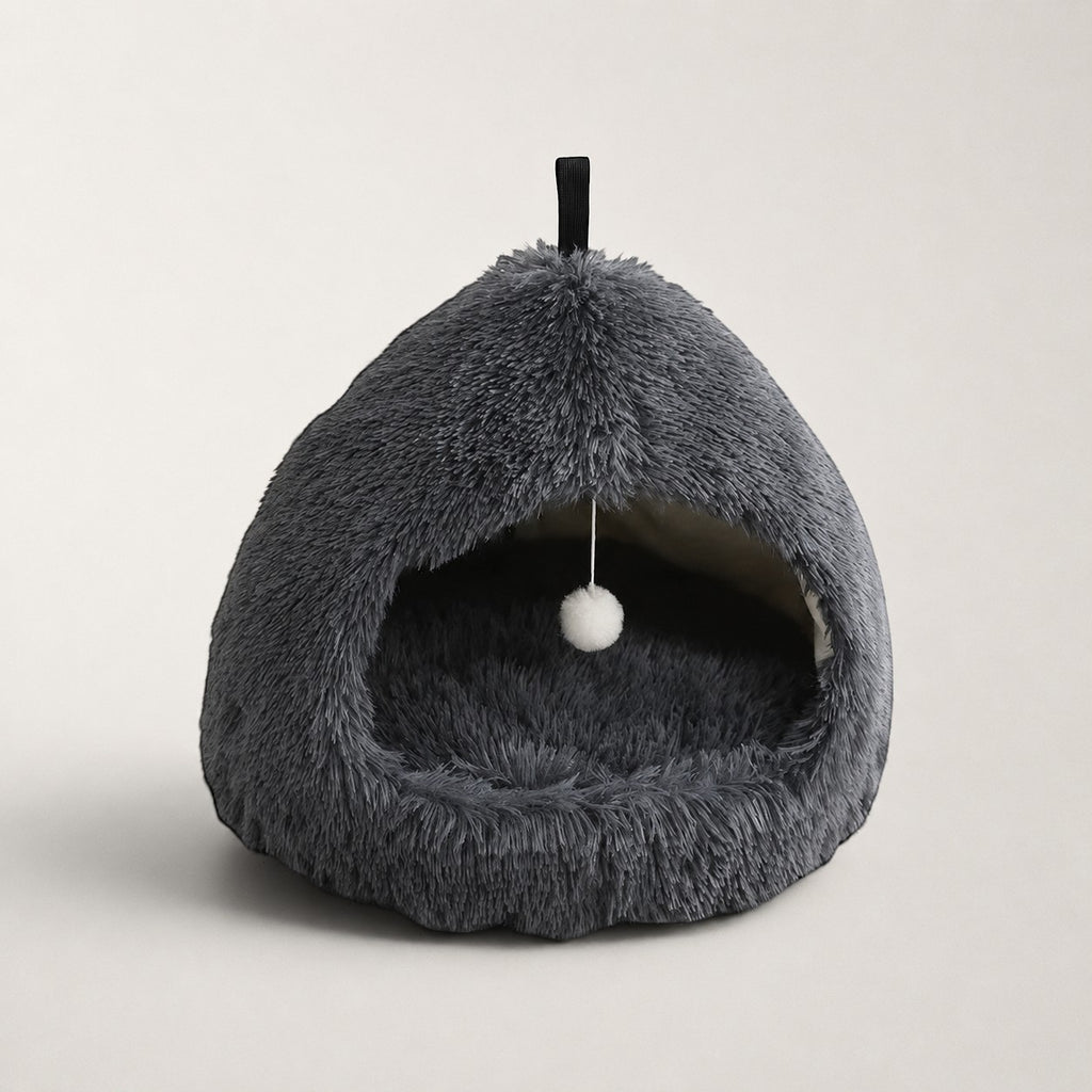 Niche pour chat Bofélin grise en fausse fourrure douce avec forme de hutte semi-fermée et pompon suspendu