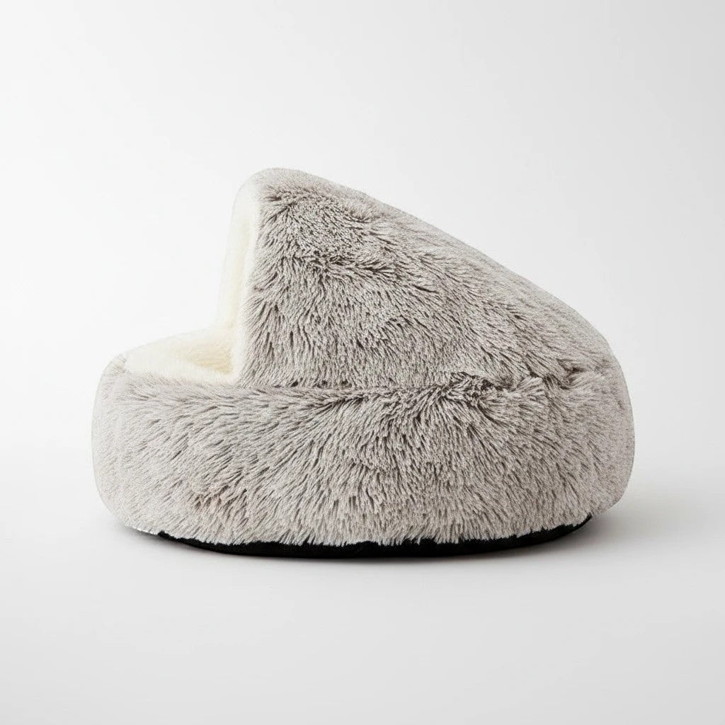 Niche chaude pour chat Bofélin grise en fausse fourrure douce, forme grotte 2 en 1 repliable pour petit chat