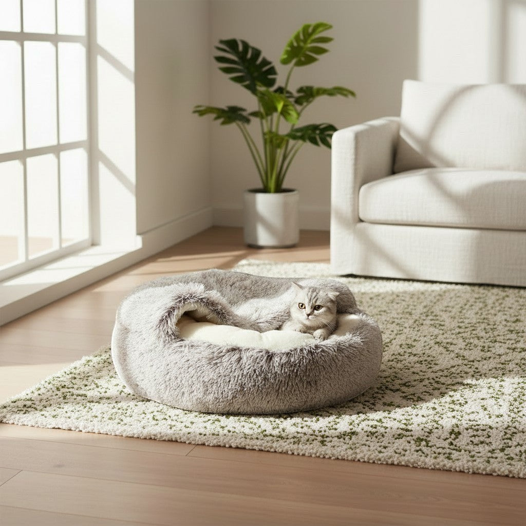 Niche Bofélin grise en fausse fourrure douce pour chat, forme 2 en 1 repliable sur un tapis dans un salon lumineux.