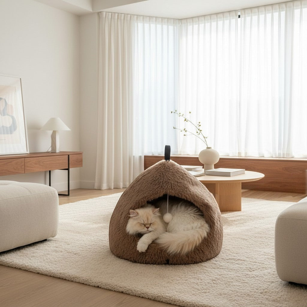 Petite niche Bofélin marron en fausse fourrure avec un chat endormi à l'intérieur dans un salon moderne.