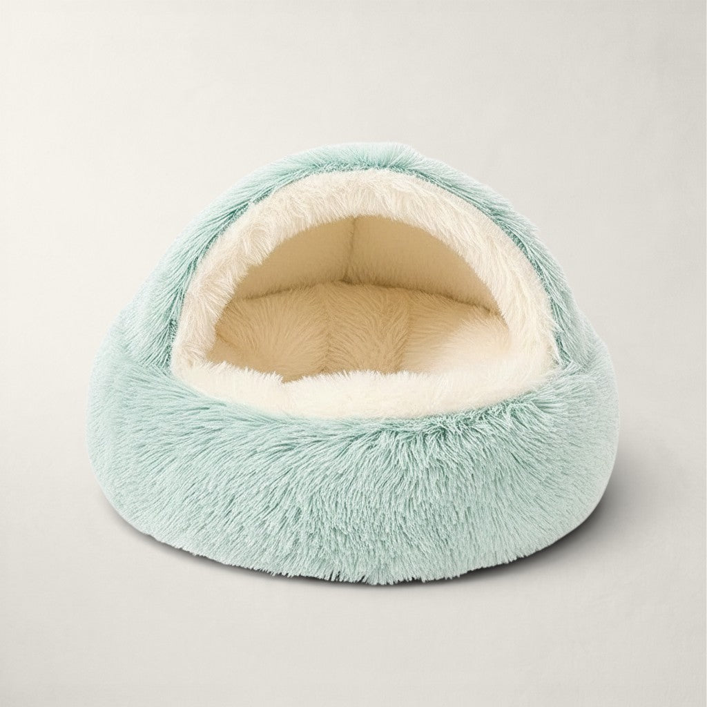 Niche chaude pour chat Bofélin en fausse fourrure menthe, forme grotte 2 en 1 avec intérieur rembourré confortable