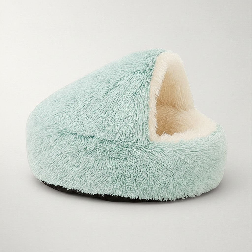 Niche Bofélin 2 en 1 pour chat en fausse fourrure douce couleur menthe, forme grotte confortable et lavable