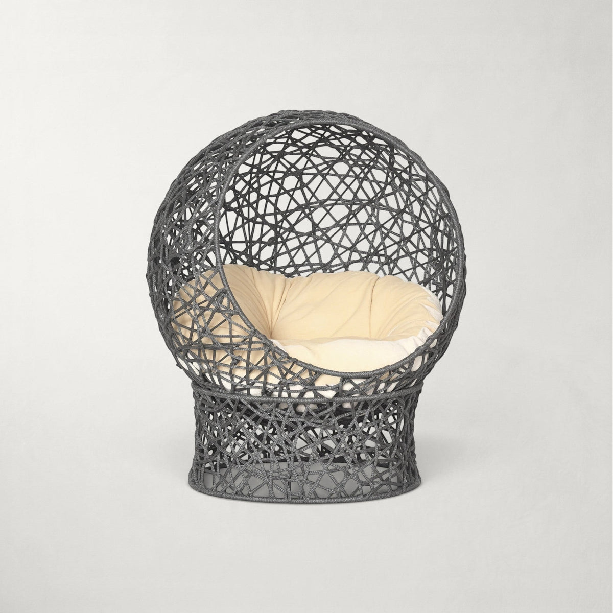Niche Bofélin en forme d'œuf gris anthracite avec structure en corde tressée et coussin intérieur crème moelleux