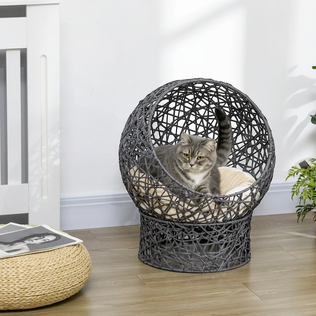 Niche Bofélin en forme d'œuf gris anthracite en corde tressée avec coussin crème pour chat