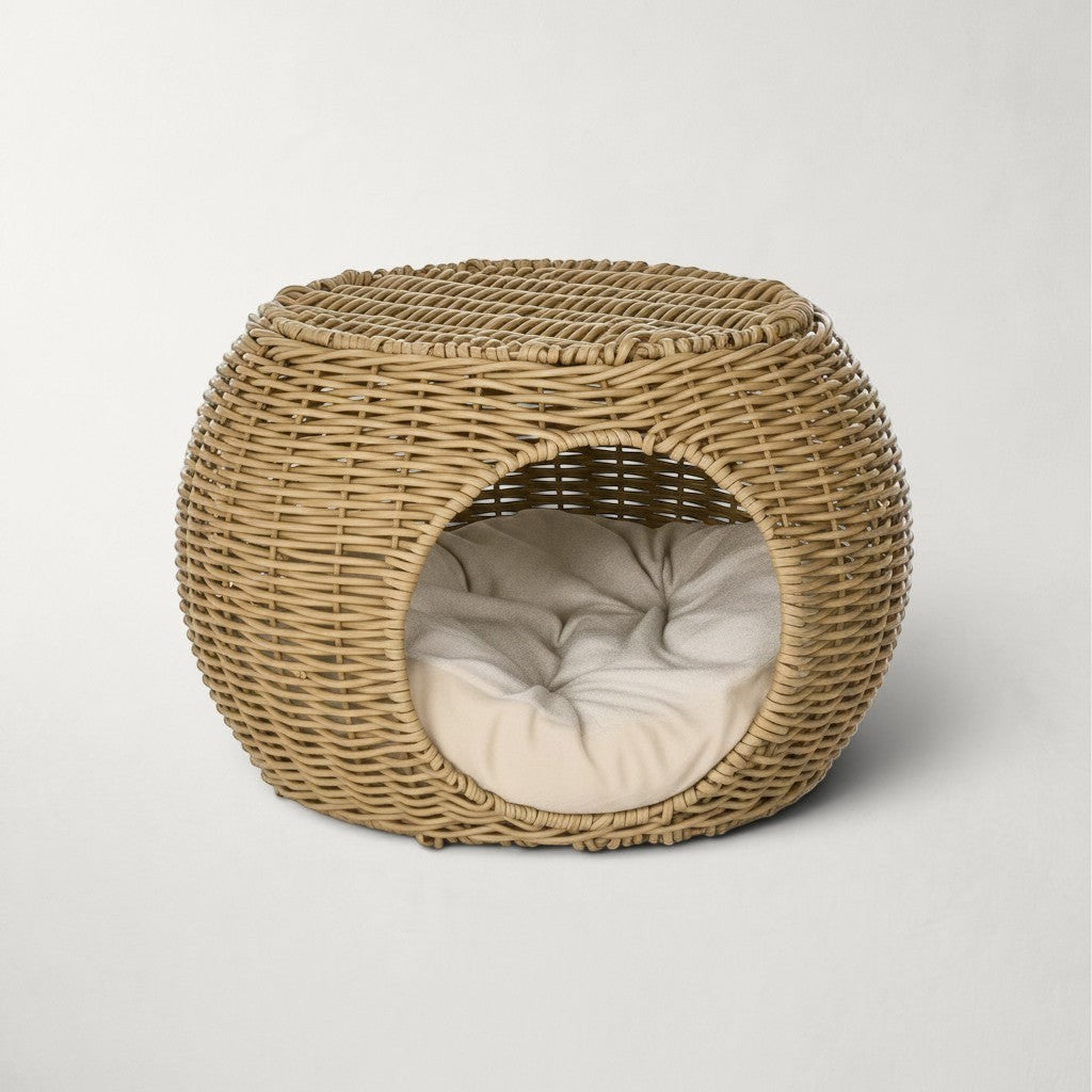 Niche pour chat Bofélin ronde en résine tressée marron clair avec coussin intérieur confortable et perchoir supérieur