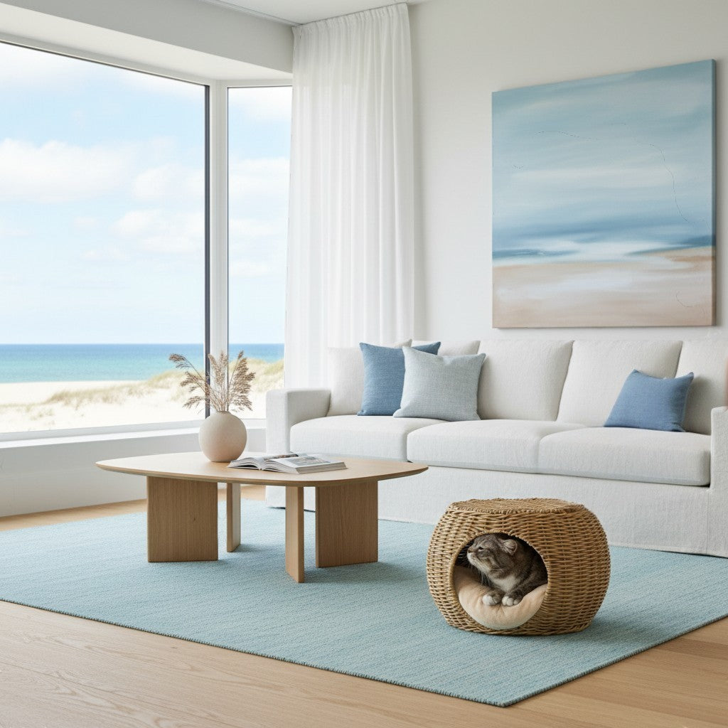 Niche pour chat Bofélin ronde en résine tressée marron clair avec coussin intérieur, posée dans un salon lumineux. Image