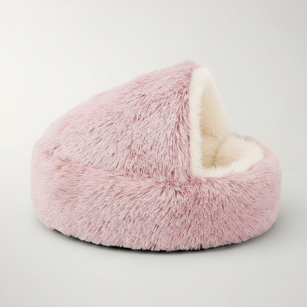 Niche Bofélin 2 en 1 pour chat en fausse fourrure rose clair, forme grotte confortable et douillette