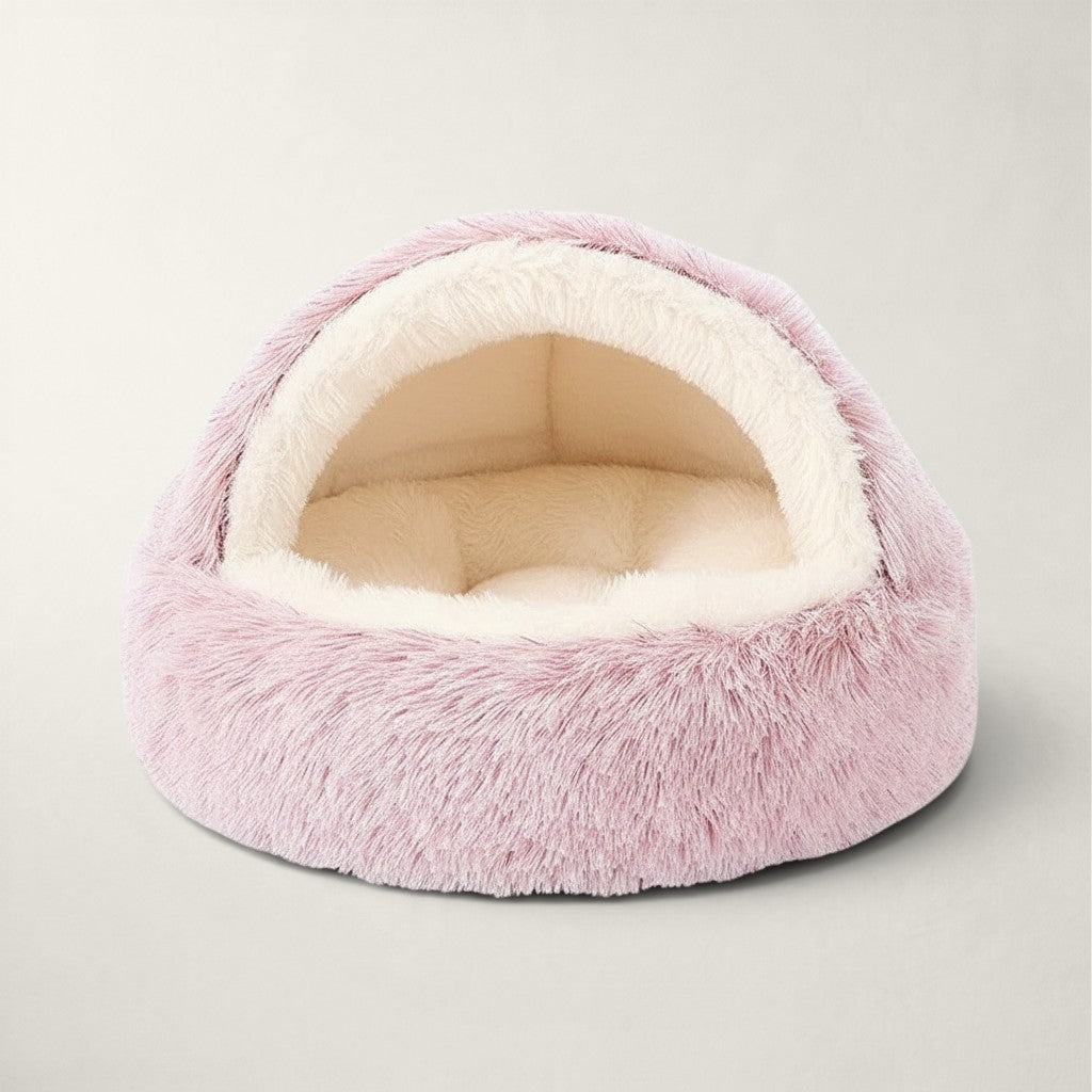 Niche chaude Bofélin pour chat en fausse fourrure rose clair, forme grotte 2 en 1 confortable et lavable