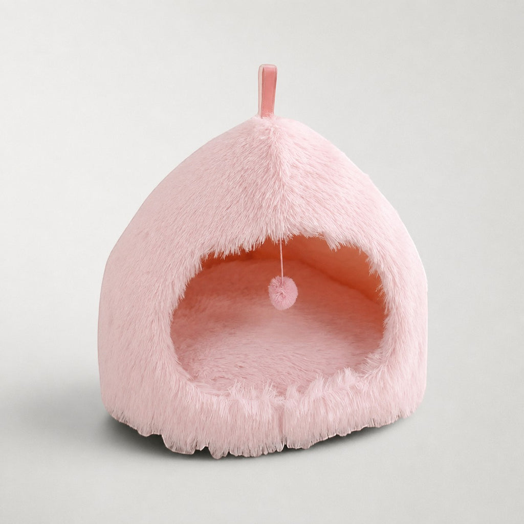 Niche pour chat Bofélin rose en fausse fourrure douce avec forme de hutte semi-fermée et pompon suspendu