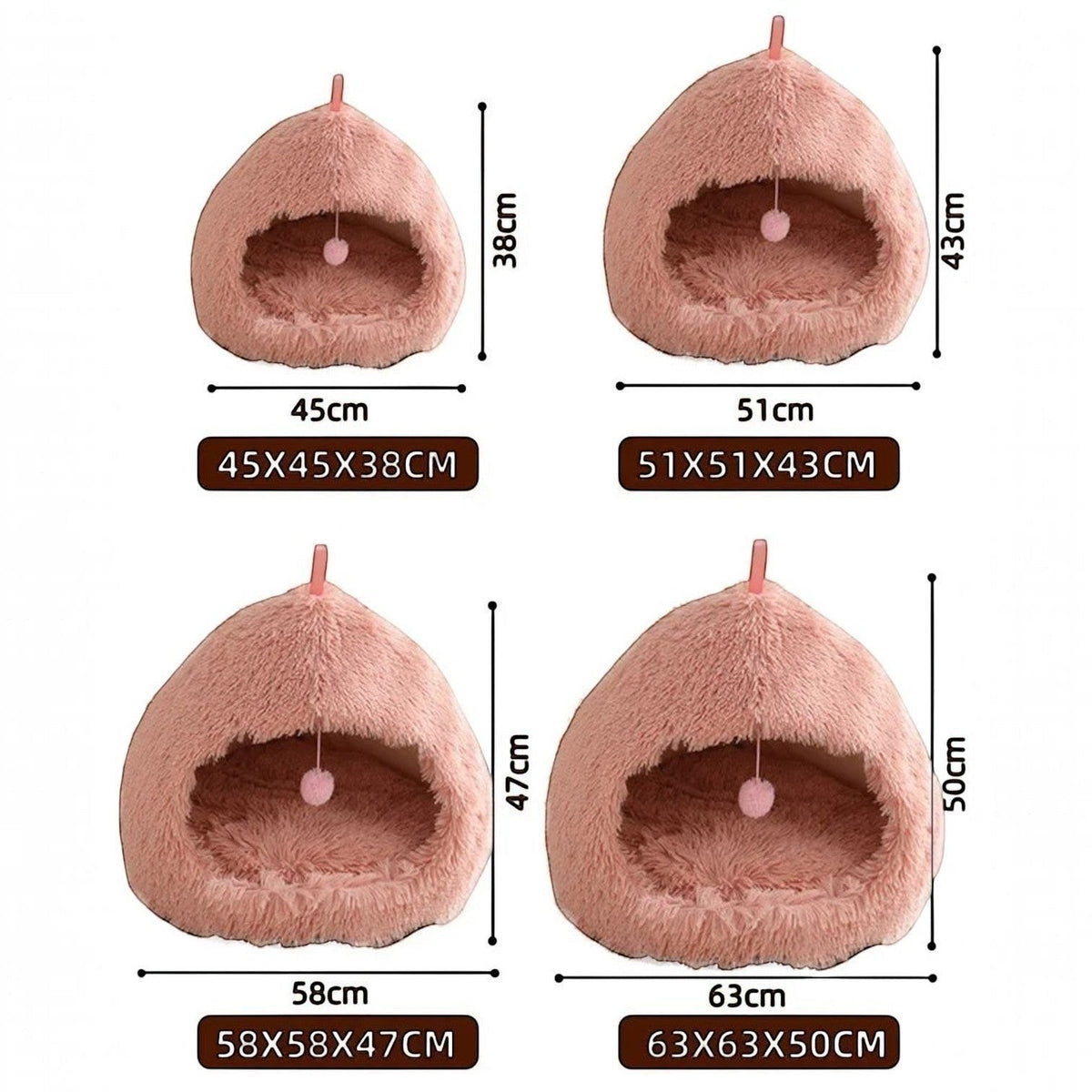 Niche pour chat Bofélin rose en fausse fourrure douce, forme hutte semi-fermée avec pompon, disponible en 4 tailles.