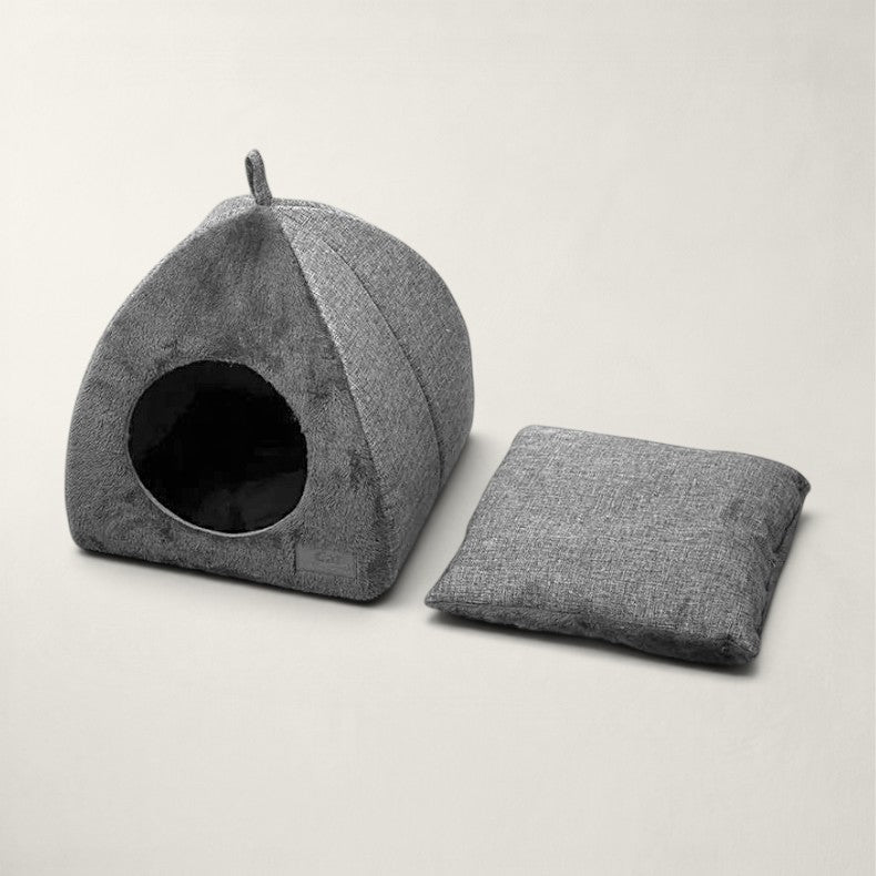 Niche Bofélin grise en velours pour chat avec forme de tente triangulaire et coussin intérieur amovible