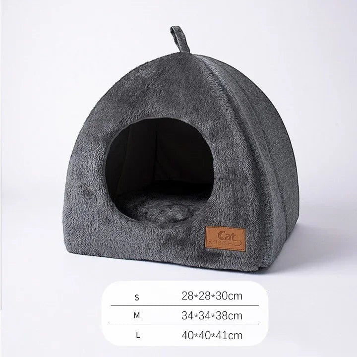 Niche pour chat Bofélin en velours gris forme tente avec coussin intérieur amovible et base antidérapante