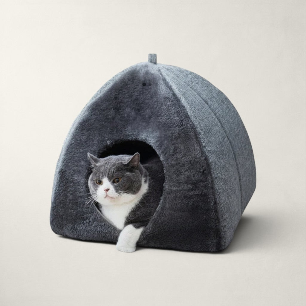 Niche Bofélin grise en velours et fausse fourrure avec un chat à l'intérieur, forme tente douillette et confortable Image