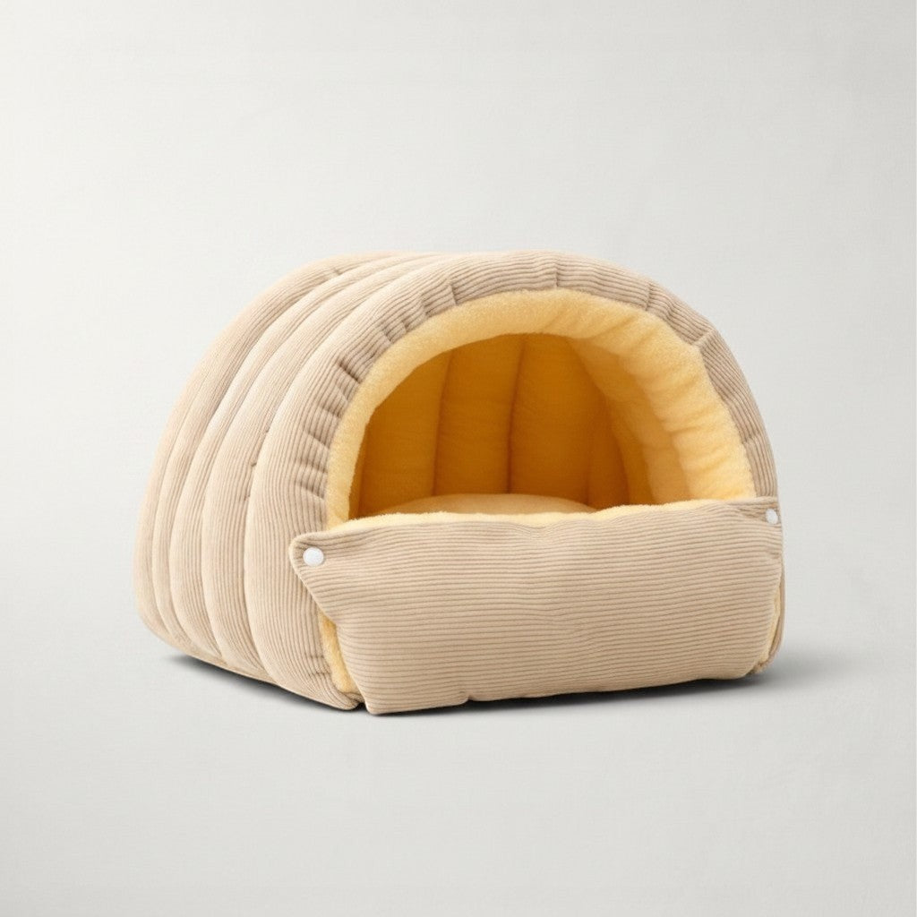 Niche chausson Bofélin beige en velours côtelé avec intérieur en fausse fourrure douce pour chat Image