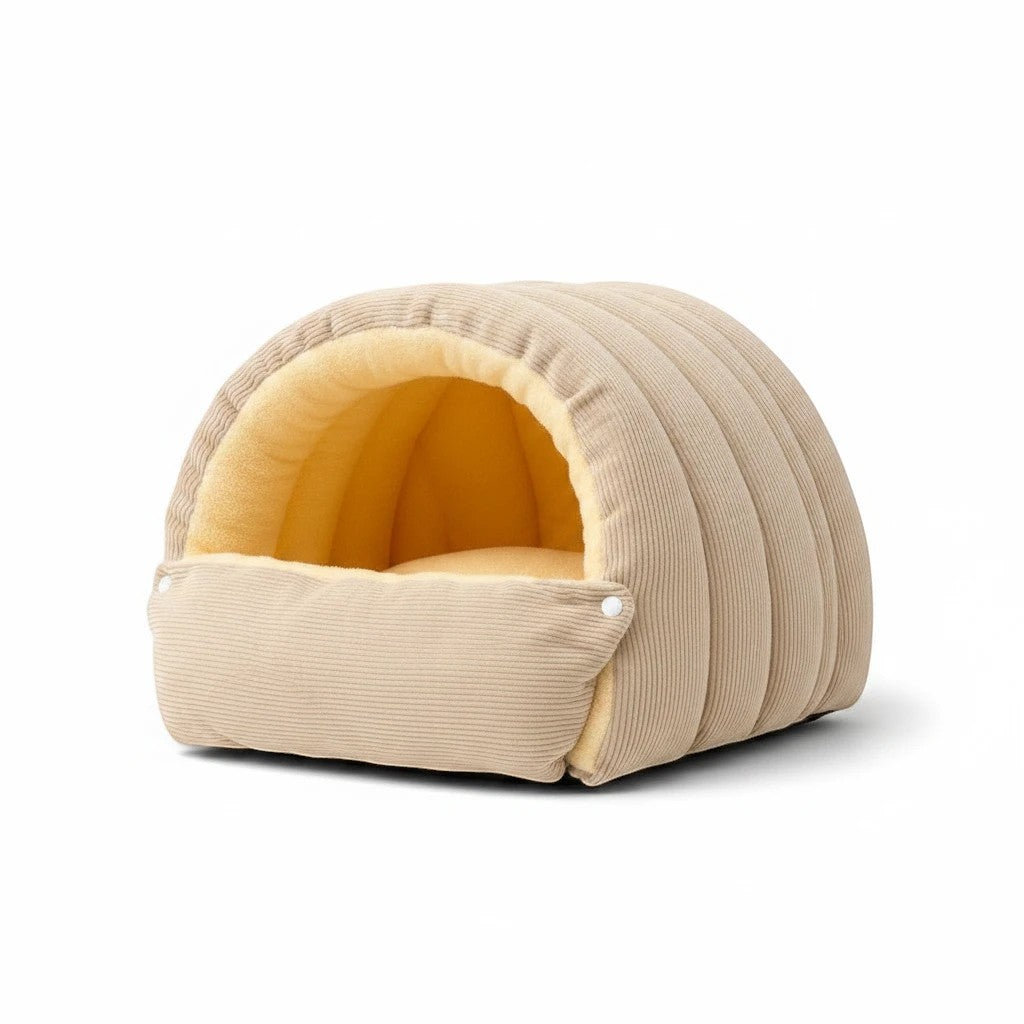 Niche chausson Bofélin beige en velours côtelé avec intérieur en fausse fourrure douce pour chat