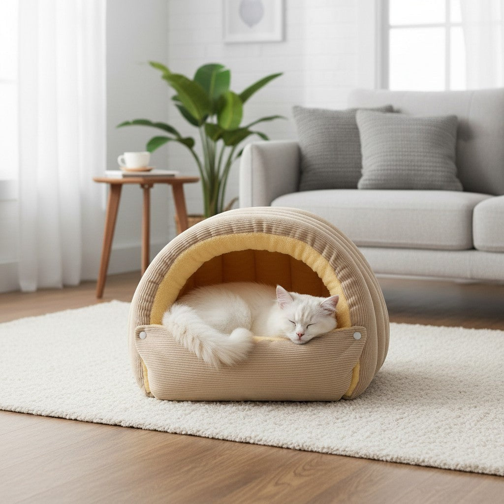 Niche chausson Bofélin beige en velours côtelé avec intérieur en fausse fourrure pour chat dormant confortablement