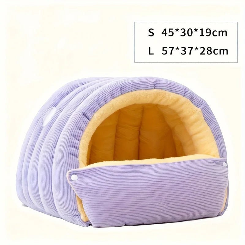 Niche chausson Bofélin lilas en velours côtelé avec intérieur en fausse fourrure douce pour chat