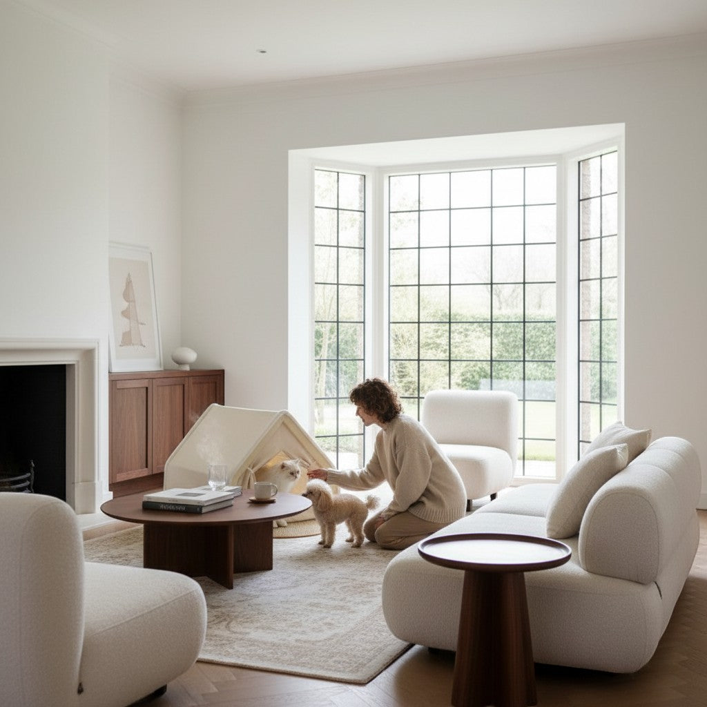 Niche tente pour chat Bofélin en bois et toile beige avec toit en sisal, installée dans un salon moderne et lumineux. Image