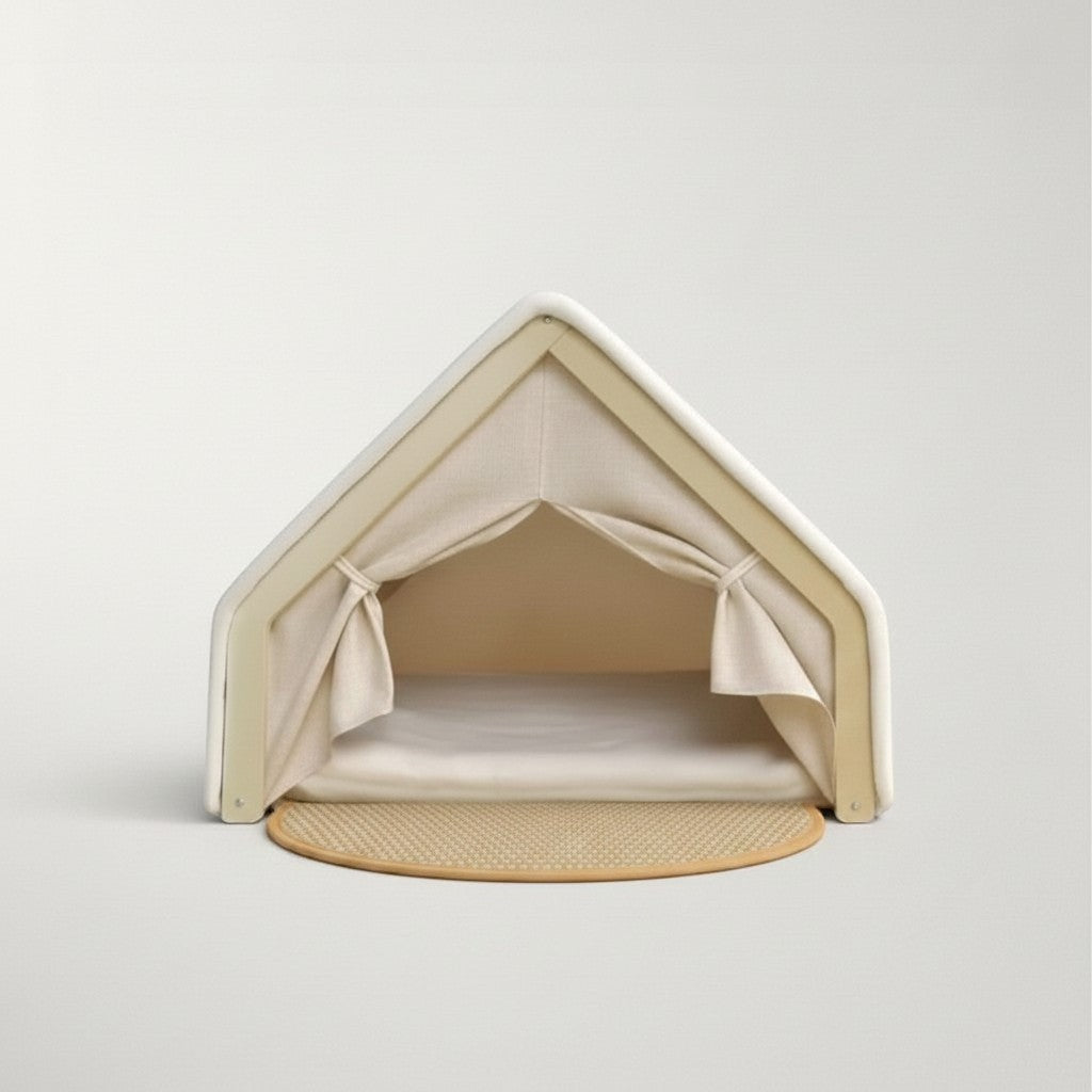 Niche tente Bofélin pour chat en bois et toile beige avec toit en sisal et matelas confortable