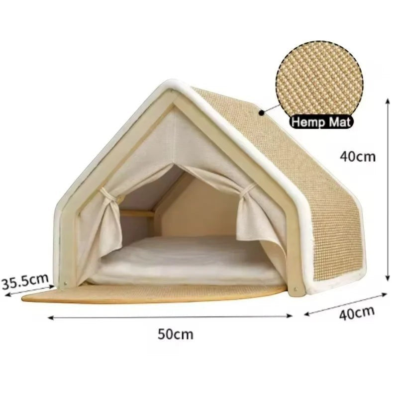 Niche tente Bofélin pour chat en bois et toile beige avec toit griffoir en sisal et matelas intérieur confortable