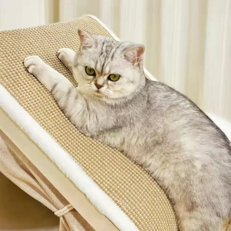 Chat gris sur le toit en sisal de la niche tente Bofélin beige en bois et toile avec surface de griffage