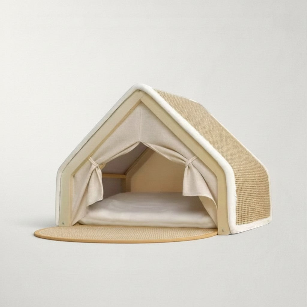 Niche tente pour chat Bofélin en bois et toile beige avec toit en sisal griffoir et matelas confortable