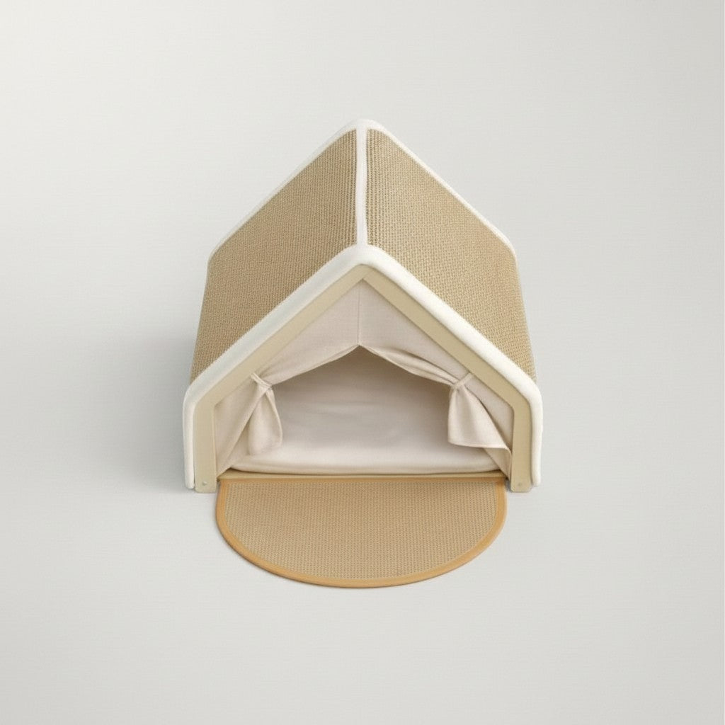 Niche tente pour chat Bofélin en bois et toile beige avec toit en sisal griffoir et matelas intérieur confortable