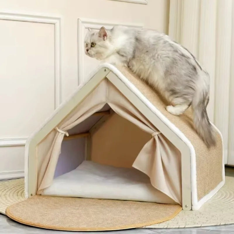 Niche tente pour chat Bofélin en bois et toile beige avec toit en sisal et chat gris sur le dessus