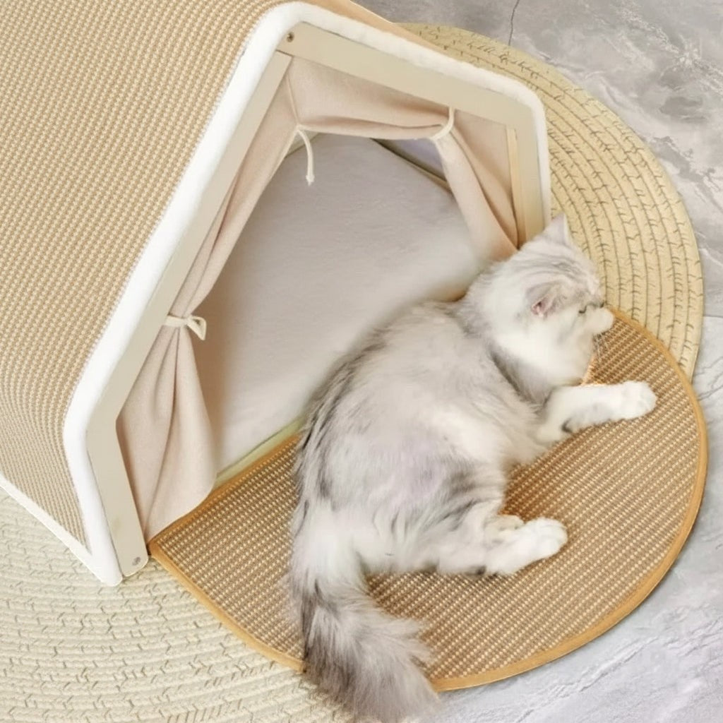 Niche tente pour chat Bofélin en bois et toile beige avec toit en sisal et matelas confortable