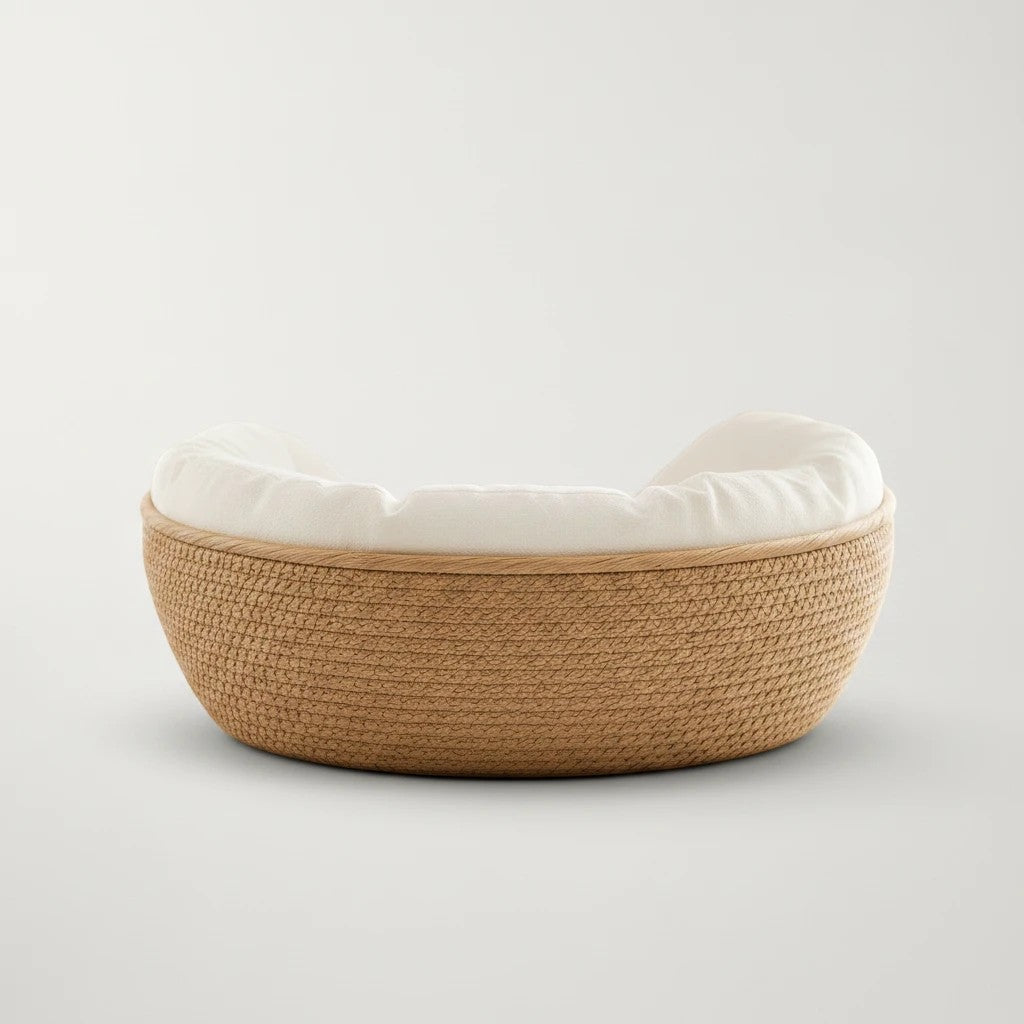 Panier cocon Bofélin en corde de bambou tressée naturelle avec coussin blanc amovible pour chat